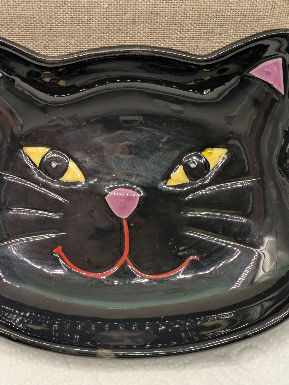 Black Cat Ceramic Trinket, Soap, Pet Dish with Yellow Eyes and Pink Accent